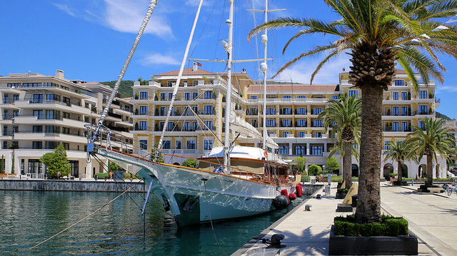 Superyacht in Porto Montenegro in front of its luxury Regent resort