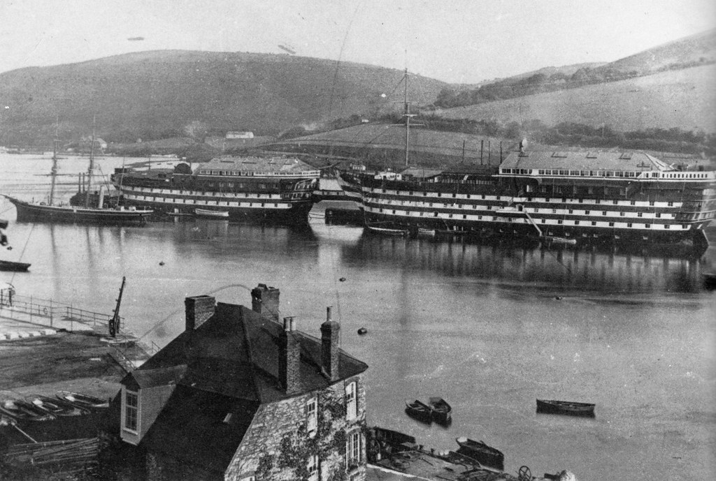 HMS  Hindostan  left, connected to the fifth HMS  Britannia at right at Dartmouth.