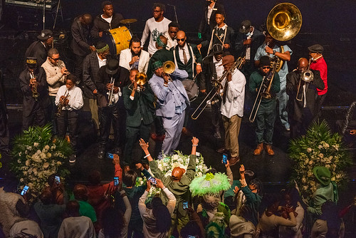 Family and friends play music at the funeral of Lois Andrews Nelson, at her funeral at the Mahalia Jackson Theater on Nov. 20, 2021. Photo by Ryan Hodgson-Rigsbee.