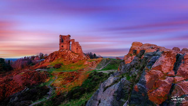 Winter golden hour light on Mow Cop Castle folly, Cheshire, UK