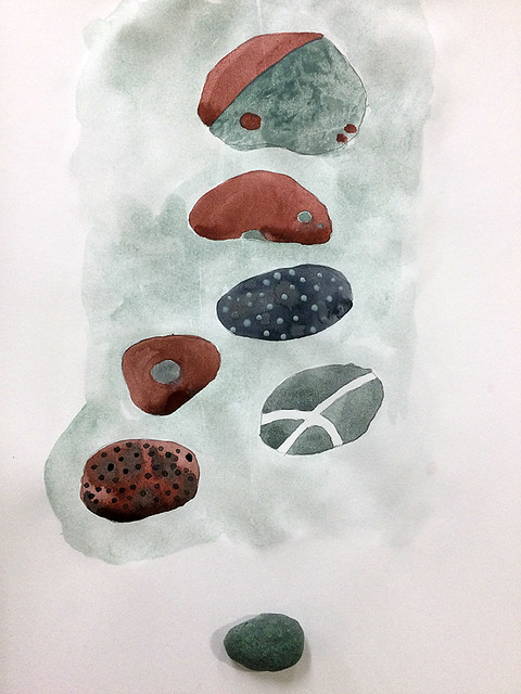 watercolour sketch of red, green and blue patterned beach pebbles from a beach called Freshwater East in Wales