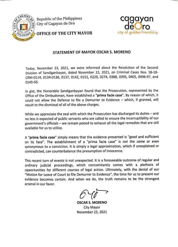 Official statement of Mayor Oscar Moreno regarding the Resolution of the 2nd Division of Sandiganbayan dated November 22, 2021