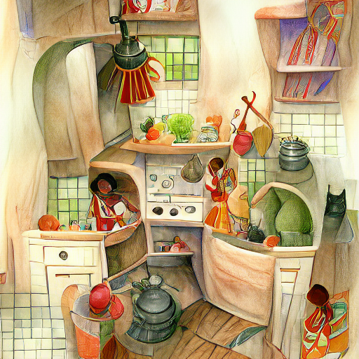 'a storybook illustration of a kitchen by Lena Alexander' Multi-Perceptor VQGAN+CLIP v2 Text-to-Image