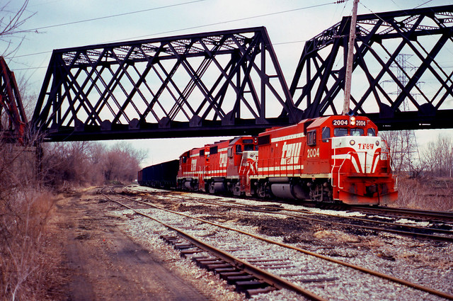 TPW 2004 coal train, Collier Yard, Bartonville, ILLinois; March 28, 1983_