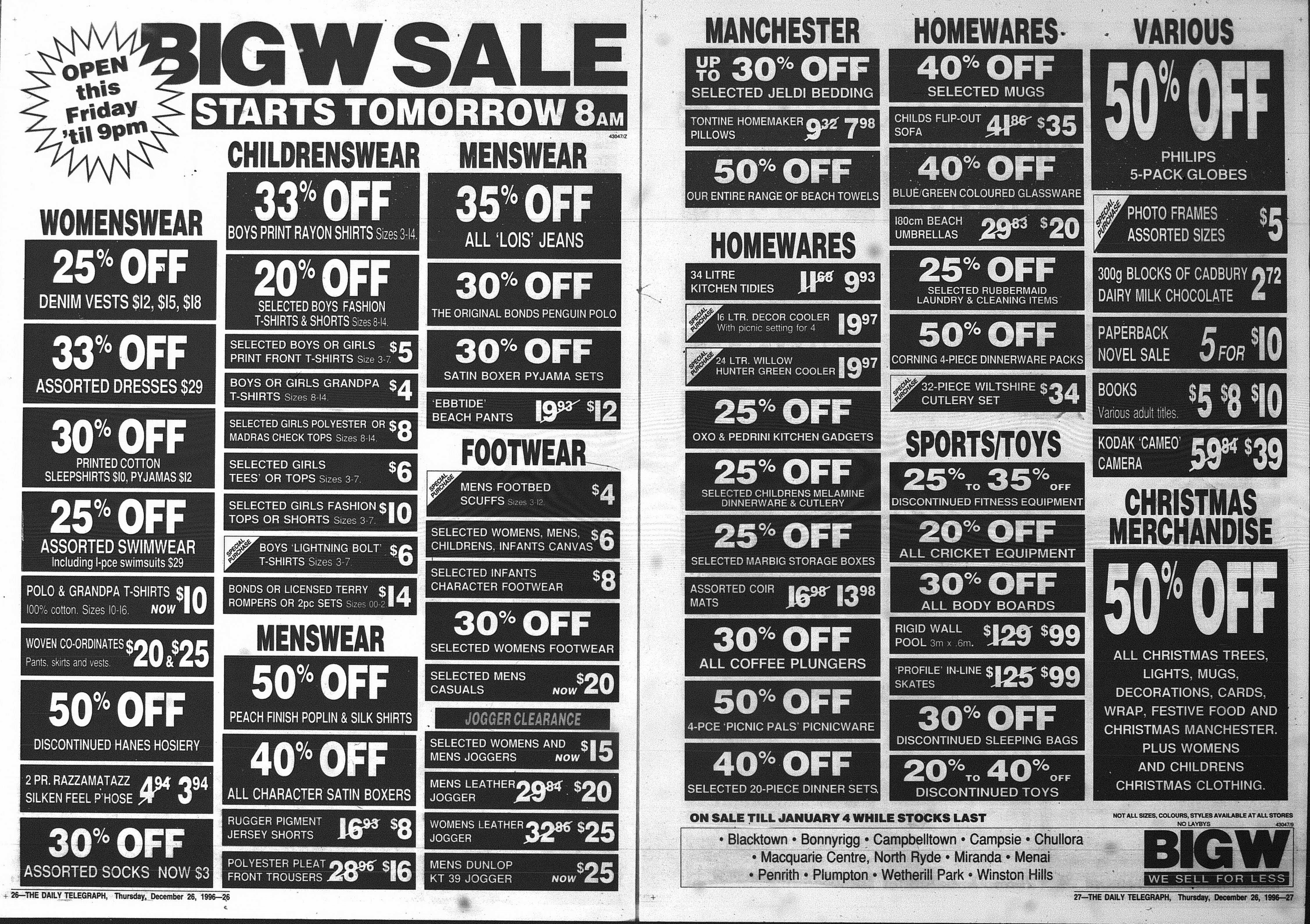 BigW Stocktake sale Ad December 26 1996 daily telegraph 26-27
