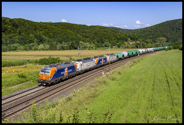 [Harrbach, Viaduct] TrainEurope 193 755, Budamar 383 212, TrainEurope  194 741 en Budamar 383 211 met graantrein 45183