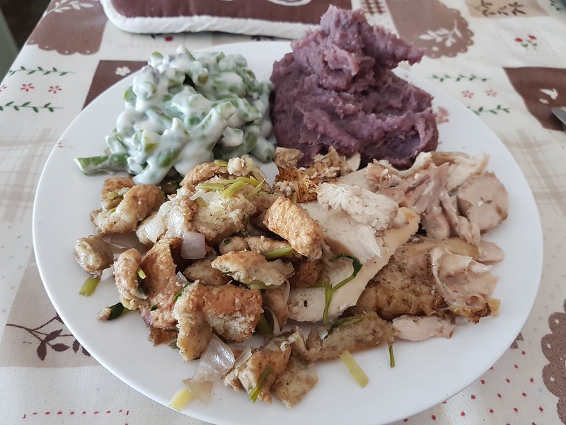 Thanksgiving Dinner - chicken, stuffing, bean casserole, mashed sweet potatoes