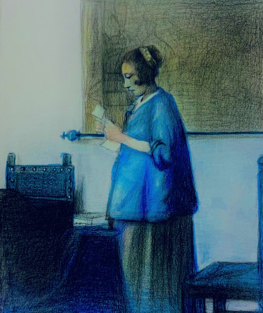 My study version of, Woman reading a letter. By Johannes Vermeer, 1632-1661. Dutch Golden Age Painter. Coloured pencil only drawing by jmsw on card. Last stage.