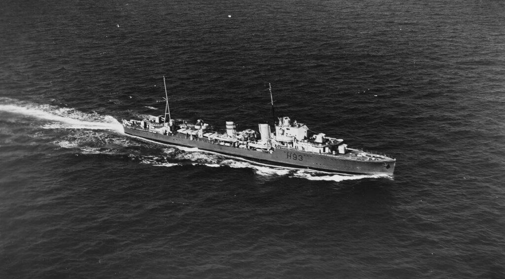 HMS HEREWARD (1936). seen from a  US Army aircraft, 15 miles south of Alligator Light, Florida,  December 20th 1939.