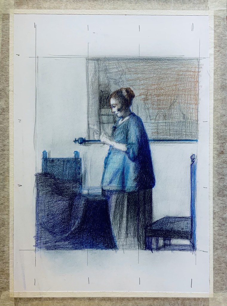 Continuation stage 3. Study by jmsw on card in coloured pencil. Of Woman in blue reading a letter. Painted by Johannes Vermeer, 1632-1661. Dutch Golden Age Painter. To be continued.
