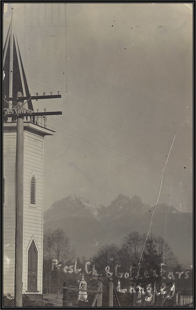 c. 1912 Real Photo Postcard - View of the St. Andrew's Presbyterian Church and the Golden Ears Mountain Summit in Langley, British Columbia