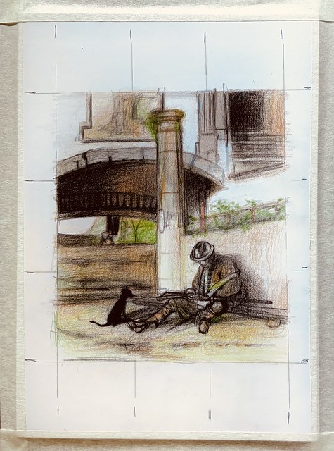 Continuation stage 3. Coloured pencil study , by jmsw on card. To be continued.