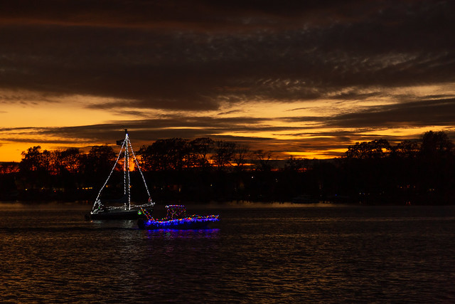 Late Sunset Light & Holiday Lights Racing on the River