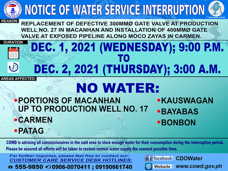 Notice of Water Service Interruption from Cagayan de Oro Water District