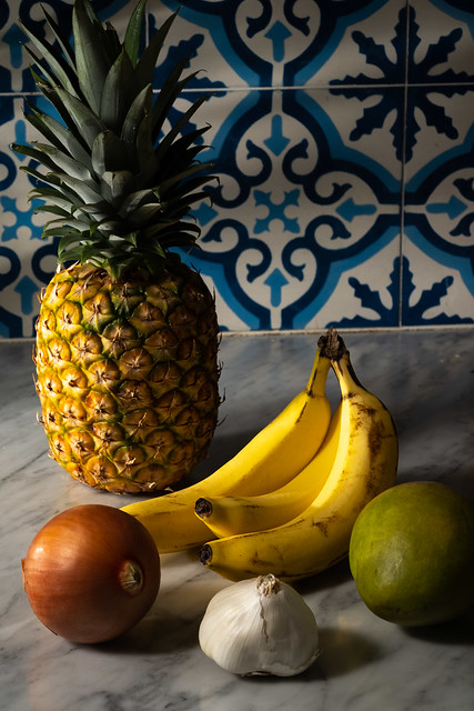 Still Life Photo with Godox Flashes, a Pineapple, Bananas, an Onion, a Mango and a Garlic