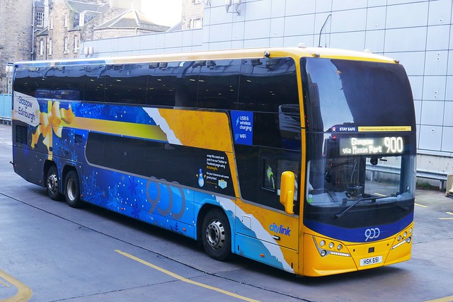 Parks of Hamilton Volvo B11RLET Plaxton Panorama HSK651, new in January 2020, in a special Citylink festive livery, operating service 900 to Glasgow departing Edinburgh Bus Station on 26 November 2021.