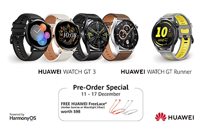 Customers making the pre-order will also receive a free audio neckband, Huawei FreeLace worth S$98 to complement their exercise routines with the Huawei Watch GT 3.