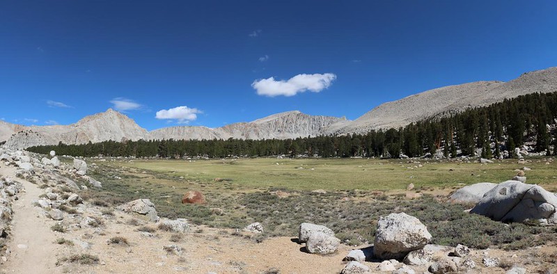 Meadow south of Muir Lake with Mount Langley (14,026 ft), center, from the Cottonwood Lakes Trail