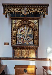 reredos: crucifixion (Flemish, 16th Century) in frame and under canopy by Ninian Comper, 1895 for Athelstan Riley's private chapel in London