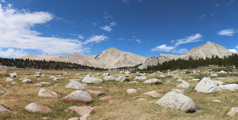 Panorama view west over the Cottonwood Lakes Basin with Cirque Peak (center) and Army Pass Point (right)
