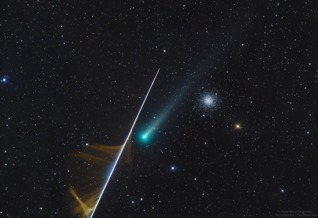 Comet C/2021 A1 (Leonard) Moves Past Globular Cluster M3 While a Meteor Streaks Across the Sky