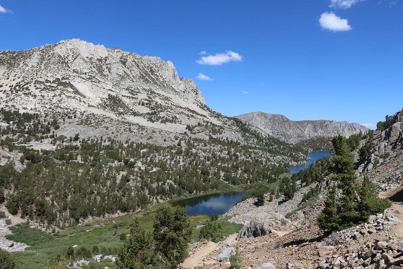 Spearhead Lake and Long Lake from the Bishop Pass Trail, with Hurd Peak (12237 feet) on the left