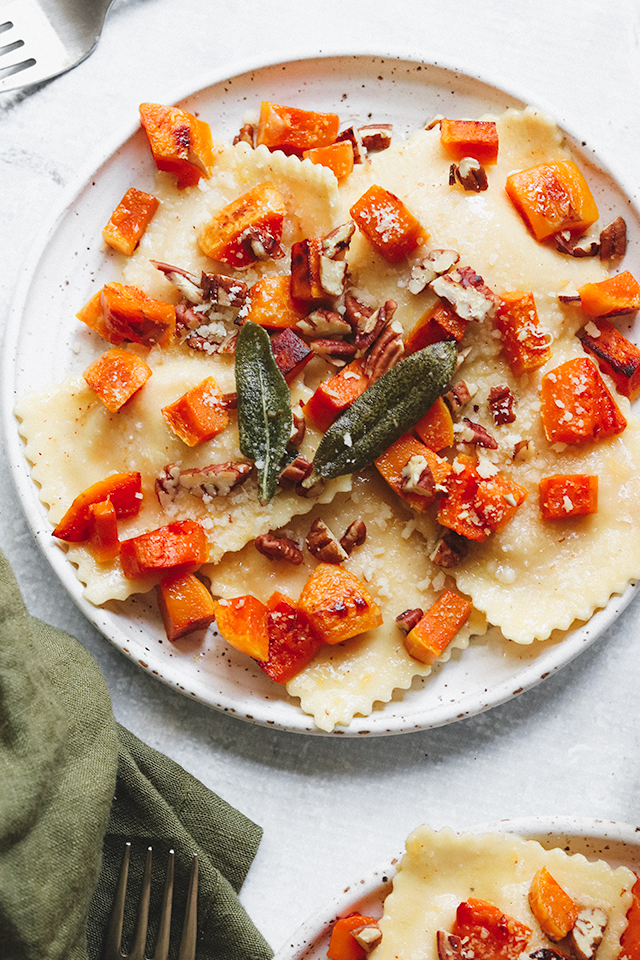 Roasted Butternut Squash Ravioli with Sage Brown Butter and Toasted Pecans