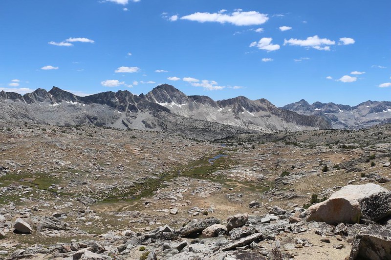 View over Dusy Basin from the Bishop Pass Trail, with Giraud Peak (12608 feet elev) left of center