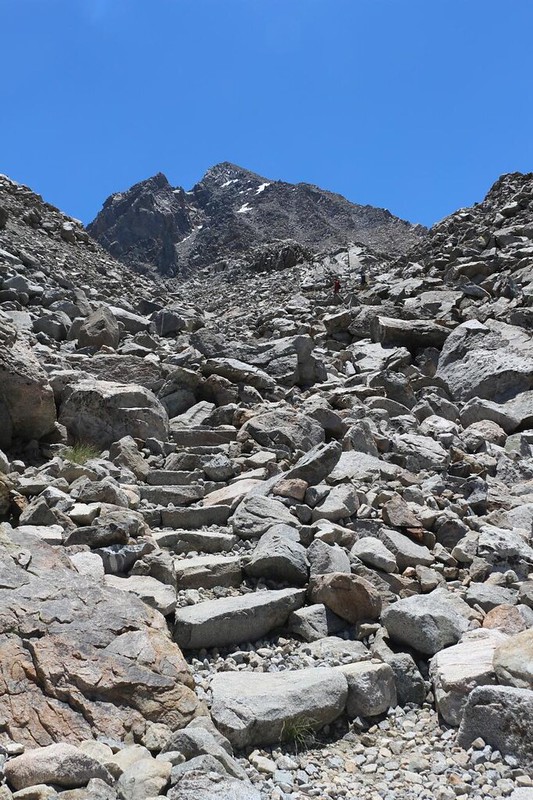 The Bishop Pass Trail climbs many stone steps on its way up the headwall to the pass, with Mount Agassiz in back