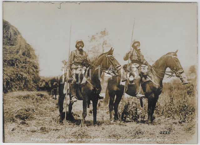 HUSSAR PATROL WITH GAS MASKS 1918