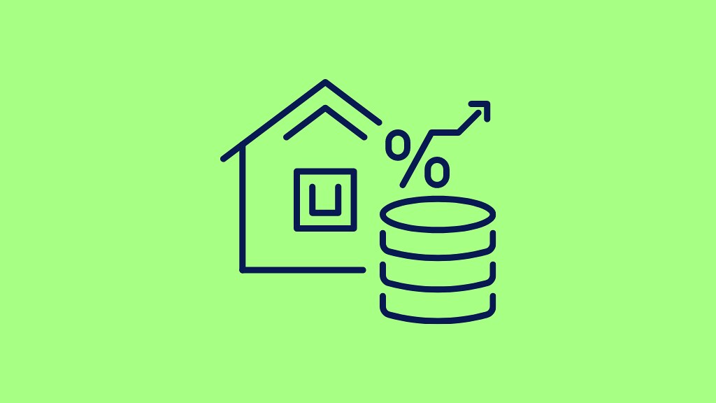 A graphic of a house and coins on a green background