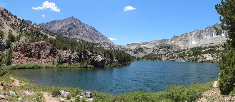View south over Long Lake, with Bishop Pass, center and Picture Puzzle (13286 feet elev), left, from the Bishop Pass Trail