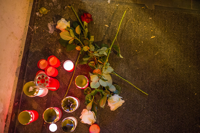 People in Vienna leaving candles and roses as a tribute to the victims of terrorist attack on 2. November 2020