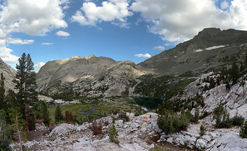 Panorama view of the unnamed lake and meadow in upper Le Conte Canyon from my campsite