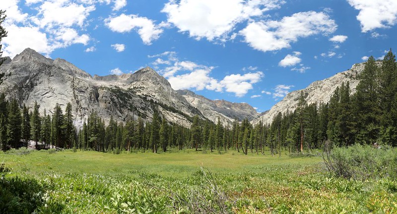 Panorama view of Big Pete Meadow in Le Conte Canyon with Black Giant (13330 feet), distant left of center