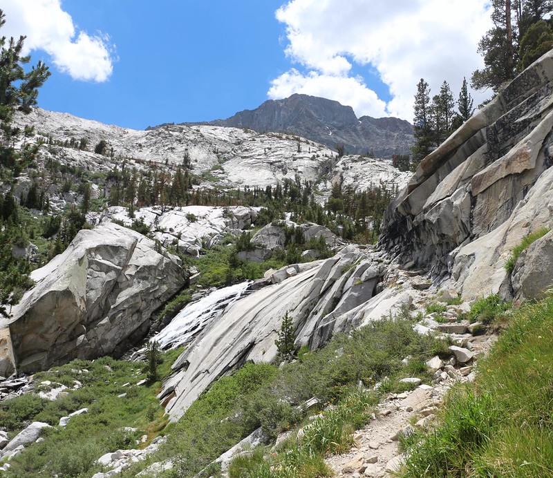 The John Muir Trail was blasted across a glaciated granite slope in Le Conte Canyon