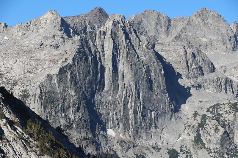 Zoomed-in shot of The Citadel (11738 feet elev) all the way across Le Conte Canyon, from the Bishop Pass Trail[