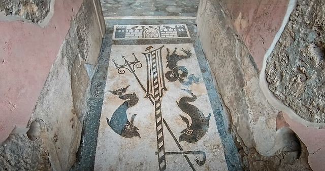 Marine mosaic in the entry of the Domus of M Caesi Blandi Pompeii Walk