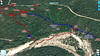 Photo 3D du secteur du hameau de Lora avec les tracés des accès et l'avancement estimé du sentier RG de la Sainte-Lucie