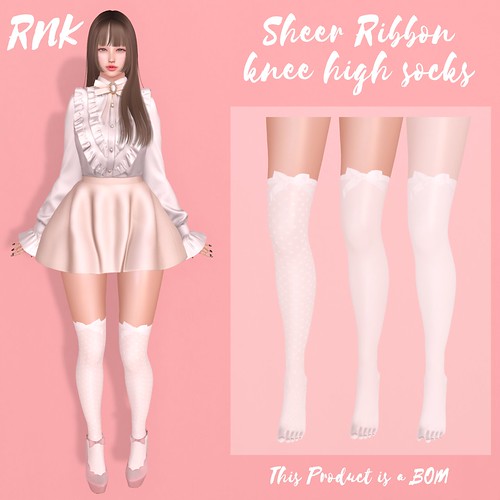 [RNK]Sheer Ribbon knee high socks White