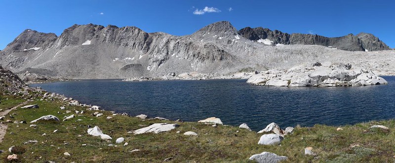 Panorama view over Wanda Lake in upper Evolution Basin, with Mount Goddard on the right