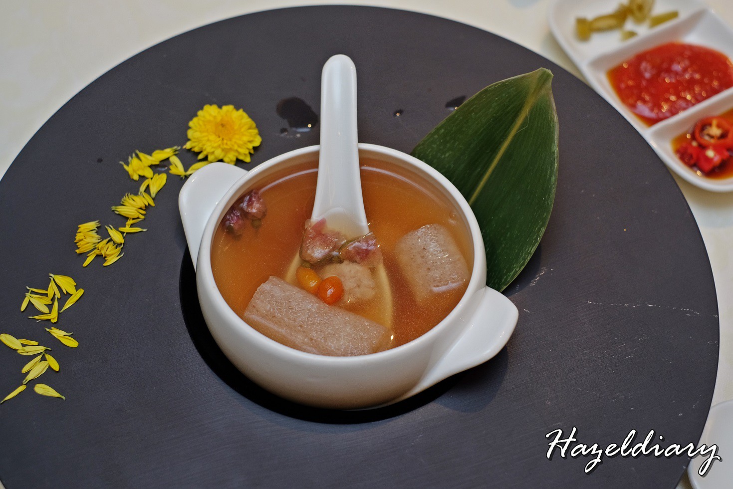 Golden Peony-Conrad Singapore-‘PEASY’ Homemade Crabmeat Ball Broth infused with ‘Rose’, Sea Whelk, Bamboo Pith