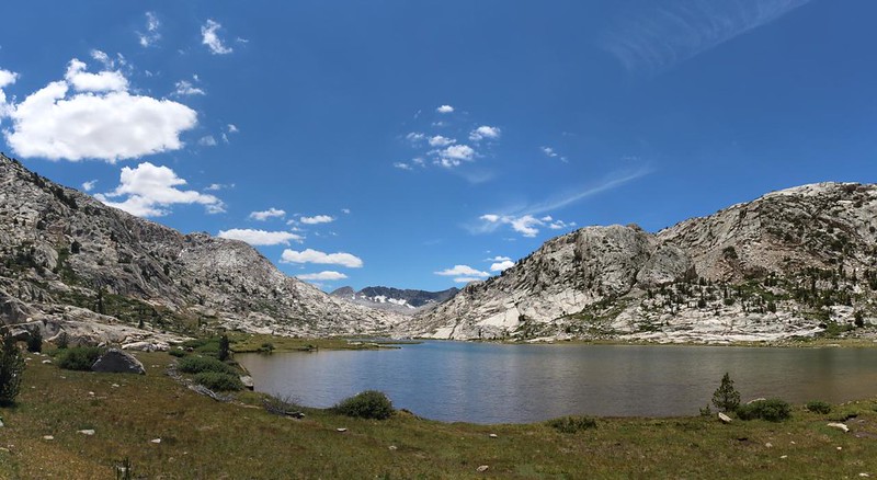 Looking south across Evolution Lake at the Evolution Basin - Muir Pass is just to the left of those distant peaks