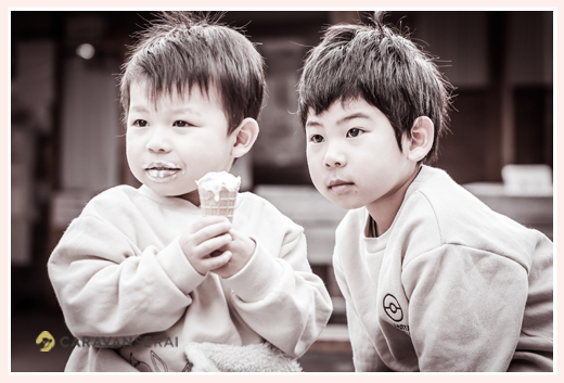 男の子兄弟　アイスクリームを食べているところ