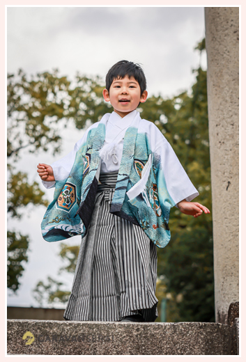 七五三　5歳の男の子 衣装は白の羽織と袴
