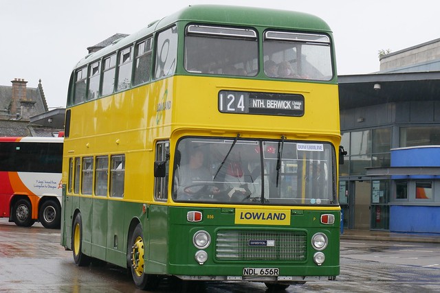 Preserved Lowland Scottish liveried Bristol VRT ECW NDL656R 856 operating a shuttle service to the Scottish Vintage Bus Museum Open Day at Dunfermline Bus Station on 21 August 2021.