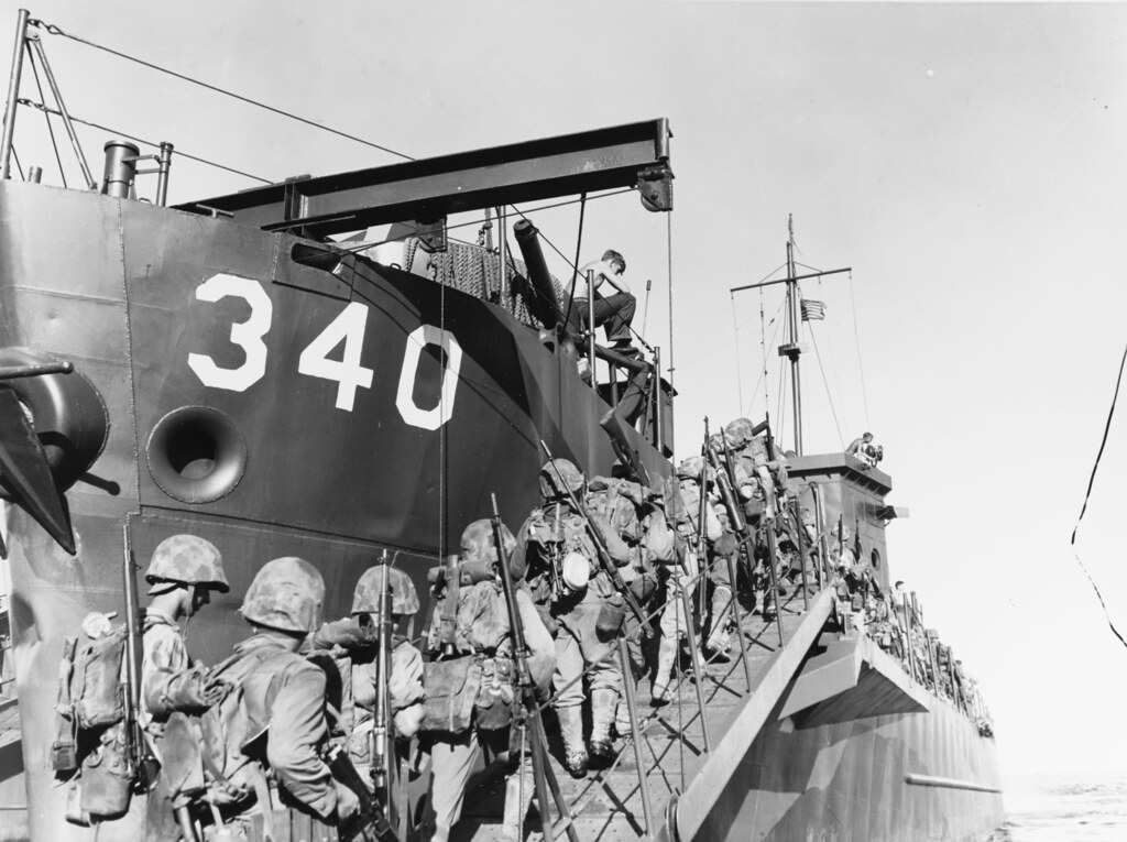 USMC Marines boarding USS LCI-340 on the  24th Dec 1943.