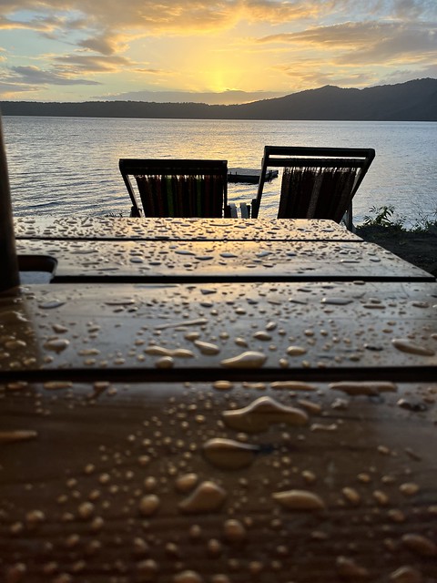 Water Droplets on Table at Sunrise over Laguna de Apoyo