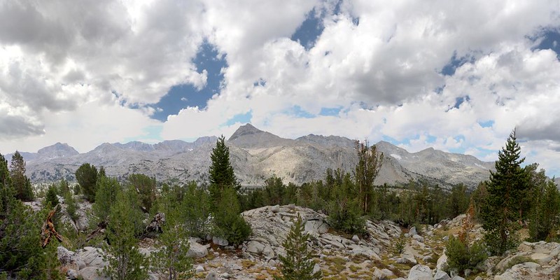 View south from Humphreys Basin with Mt Goethe (13264 ft), Wahoo Peak (12488 ft) center, and Matthes Crest, right