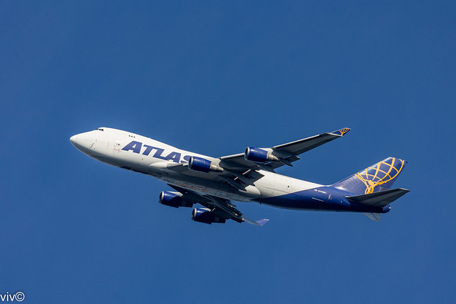 With Christmas approaching, and increased freight demand, this morning's Atlas Air freight Boeing 747-47U on wet lease to Qantas Airways approaches Sydney airport from Honolulu, overflying our garden. Uncropped image